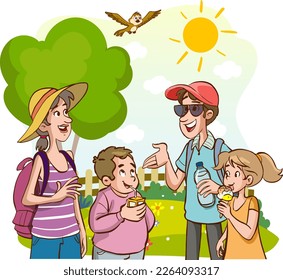 Father, mother, daughter and son walking outdoors. Happy family child spending time together. People walking in city park full of green trees on summer day. Friendly family leisure activity, joint lei