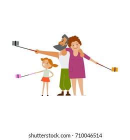 Father, mother and daugther, kid make selfie, every family member with own phone and monopod, flat style cartoon vector illustration isolated on white background. Family making selfie with many phones