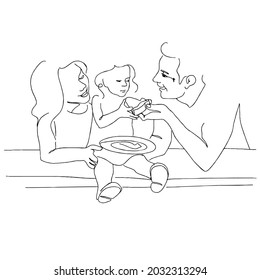 Father and mother feeding child cake.  Continuous line drawing of family eating dessert. Hand drawn body silhouette  line art. Abstract minimalistic