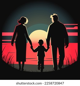 Father and mother figure holding hands with child. Mom with dad and son or daugther. Vector illustration for concepts of family.