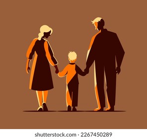 Padre y madre figura tomándose de la mano con su hijo. Mamá con papá e hijo. Ilustración vectorial para conceptos de familia.