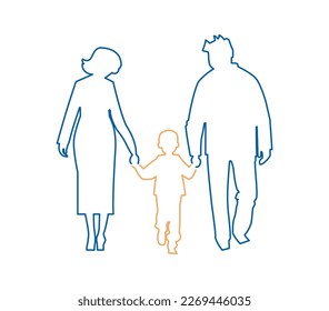 Father and mother figure holding hands with child. Mom with dad and son. Vector illustration for concepts of family.