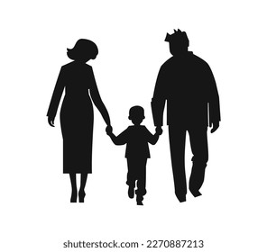 Padre y madre figura tomándose de la mano con su hijo. Mamá con papá e hijo. Ilustración vectorial para conceptos de familia.