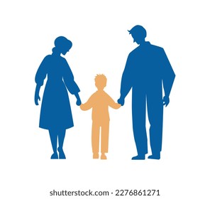 Father and mother figure holding hands with child. Mom with dad and son. Vector illustration for concepts of family.