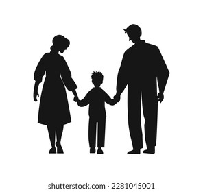 Father and mother figure holding hands with child. Mom with dad and son. Vector illustration for concepts of family.