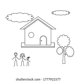 a father, mother, girl, house, tree, cloud on white background. vector child drawing of happy family and house.