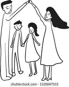 Father and mother hand while show home sign with hand, symbolizing security and support. boy and girl under hand is covered.