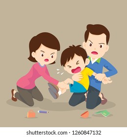 Father and Mother handle angry boy,Family have worry with Rampage angry boy.aggressive children.bullying children.