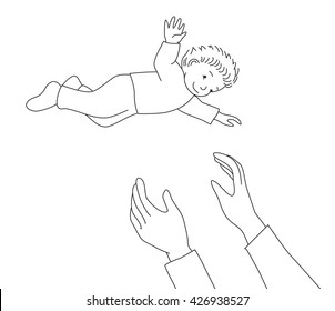 Father or mother hands throwing up happy child in the air. Dad and son outdoor fun. Outline sketch vector. Coloring page.