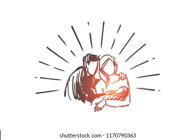 Father, mother, happy, child, newborn concept. Hand drawn parents with newborn baby concept sketch. Isolated vector illustration.