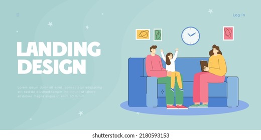 Father, mother and happy daughter reading story book together. Adult man, woman and child sitting on home sofa in comfortable living room flat vector illustration. Education, family time concept