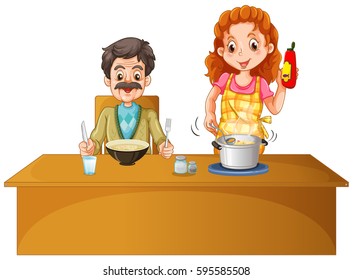 Father and mother having meal on the table illustration
