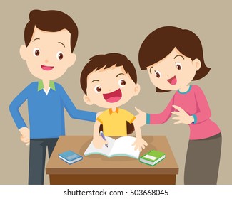 father and mother  helping son to homework.family doing homework together at home.portrait of a family drawing at table.Mother and father doing homework with their kids