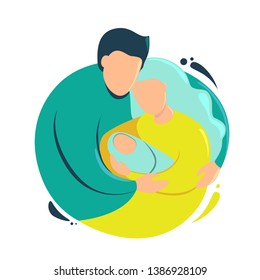 Father and mother hold the baby. Happy family together. Lovely family logo. Dad and mum protect their child.