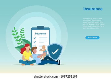 Father and mother holding baby with insurance policy and shield guard. Insurance, financial planning for family concept.