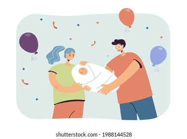 Father and mother holding baby vector illustration. Young parents adoring child, welcoming newborn baby to family. Cute loving family concept for banner, website design, landing web page