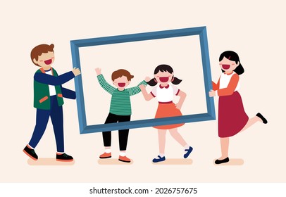 Father And Mother Holding Frame And Funny Kids Smile With Happiness Together, Photography Happy Family, Flat Vector Illustration