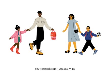 Father and Mother Holding Hand of Their Son and Daughter Bringing Them to School in the Morning Vector Set