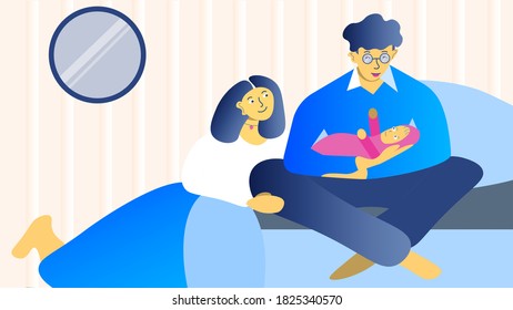 Father and mother are holding a newborn baby and they are very happy. New parents.