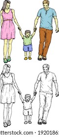 A father and mother holding their child's hand. Hand drawn vector illustration.