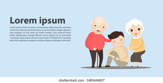 Father and mother hugging son while he was sad. Vector illustration.