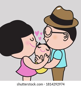 Father And Mother Hugging Their Baby With Love Concept Card Character illustration