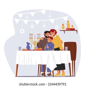 Father, Mother and Kid Celebrating Hanukkah, Jewish Festival of Lights. Dad and Son Wear Kippah Lighting Candles on Traditional Menorah. Israel People Celebrate Holiday. Cartoon Vector Illustration