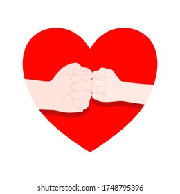 father or mother and kid hands are doing fist bump together in the red heart shape.​ Harmonious, Encourage, Business, family, communication, friendship and love concept. Illustration vector.