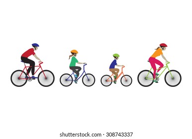 Father, Mother And Kids Biking. Family Bicycle Tour. Elements For Design. Icons.