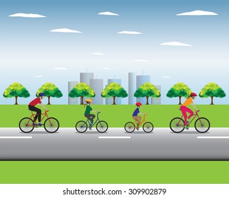 Father, mother and kids biking. Family bicycle tour. Vector illustration. Elements for design.