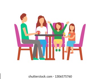 Father and mother with kids eating in cafe vector. Father with cup of tea, daughter holding ice cream. Mother and kid waiting for order, people on weekend