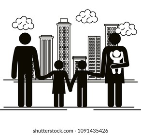 father and mother with kids silhouettes