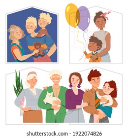 Father, Mother and Kids Standing Together Vector Illustration Set