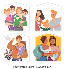 Father, Mother and Kids Standing Together Vector Illustration Set