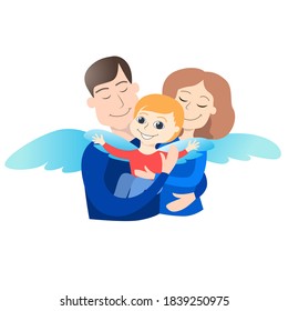 Father, mother and little boy. Parents hold their son in their arms, everyone has wings. Family support, trust and love concept in cartoon flat style. All have joyful and happy faces.