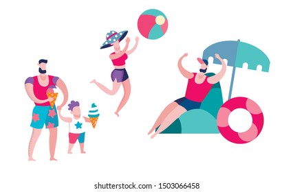 Father, Mother and Little Son Having Leisure on Resort, Playing Ball, Sandcastle Summer Time Vacation Happy Family Relaxing on Beach Isolated on White Background, Cartoon Flat Vector Illustration