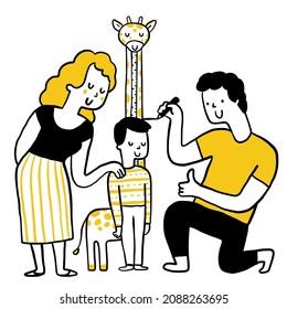 Father and mother measure the growth of thier son. Cute doodle character illustration, outline, linear, thin line art, hand drawn sketch, simple design.