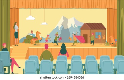 Father Mother Parent Audience Sitting on Armchair Watching Children Theatrical Historic Performance about Indian on Stage. Teacher Controlling Concert. Amateur Kid Pupil Theatre. Vector Illustration