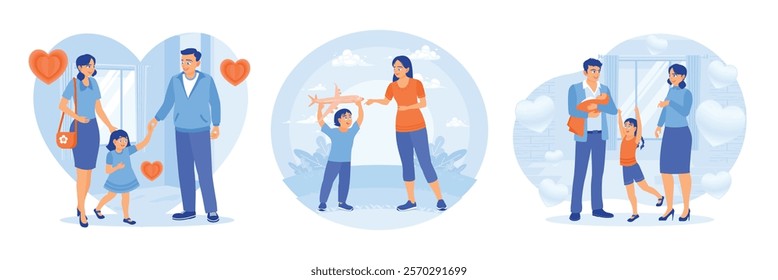 Father and mother playing with daughter. Young mother playing with her son. Father and mother are on leave from work. Family lifestyle activity concept. Set flat vector illustration.