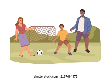 Father And Mother Playing Football With Son, Happy Family Outside. Soccer Game With Parents, Kid Boy And Daddy With Ball. Flat Cartoon, Vector In Flat Style