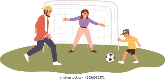 Father and mother playing soccer with their son in a sunny park, enjoying fun moments and exercising together near the goal, creating joyful memories as a family