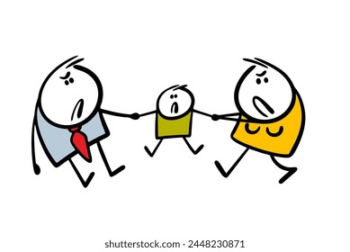 Father and mother pull their son  hands in different directions. Vector illustration of divorce and division of property. Family has broken up, Parents are fighting, the children are suffering.