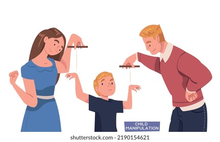 Father And Mother Pulling Ropes Manipulating Their Son As Problematic Communication And Misunderstanding Between Parent And Child Vector Illustration