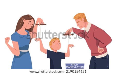 Father and Mother Pulling Ropes Manipulating Their Son as Problematic Communication and Misunderstanding Between Parent and Child Vector Illustration Stock photo © 