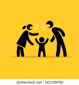 Father and mother quarrel in front of the child. Vector pictogram.