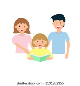 Father and mother reading a book with their children. Family and education concept vector art on white background.