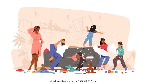 Father and Mother Shocked with Home Mess. Naughty Hyperactive Children Characters Fighting, Little Boy and Girls Playing and Making Chaos around. Kids Bad Behaviour. Cartoon People Vector Illustration