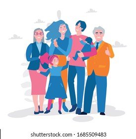 Father, mother, sister, brother, grandfather, grandmother Vector illustration for web banner, infographics, mobile. Big Family together. Group of people standing. little girl, woman, man, old man