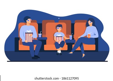 Father, mother and son in 3d glasses sitting in chairs, holding popcorn buckets and soda and watching funny movie in cinema theatre. Vector illustration for family leisure time, entertainment concept