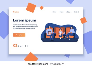 Father, mother and son in 3d glasses sitting in chairs, holding popcorn buckets and soda and watching funny movie in cinema theatre. Vector illustration for family leisure time, entertainment concept